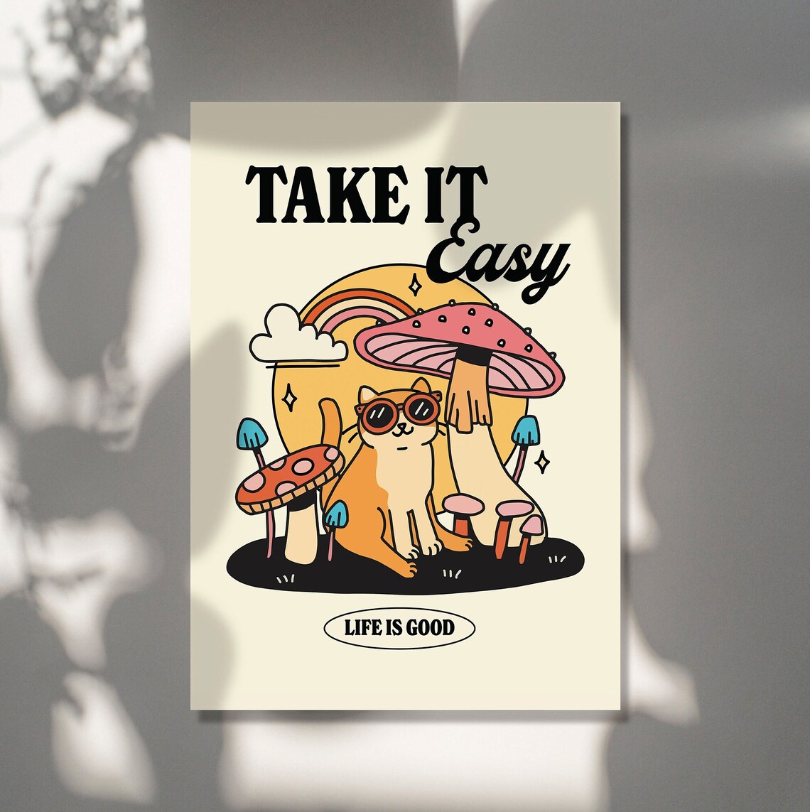 Take It Easy Cat Poster Mushroom Retro Groovy Y2K Trendy Dorm Wall Print - Image 2