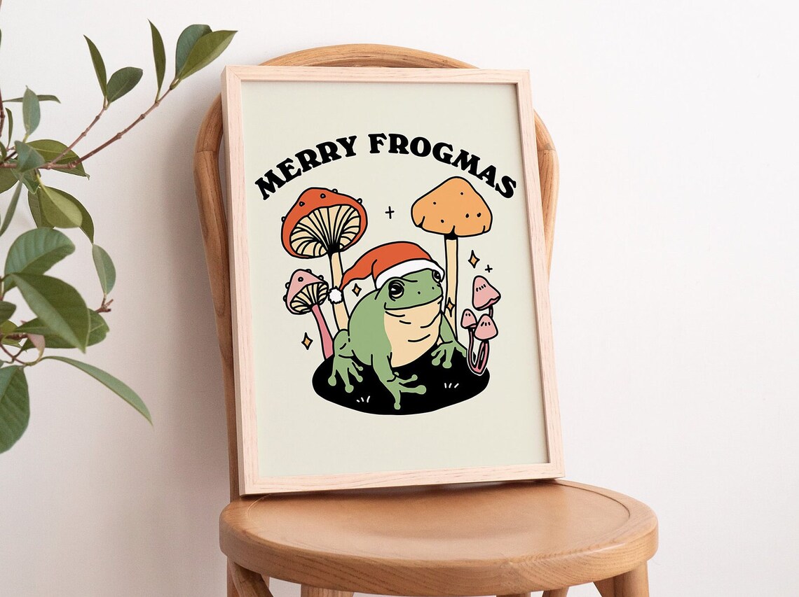 Merry Frogmas Christmas Frog Santa Hat Mushroom Vintage Poster - Image 3