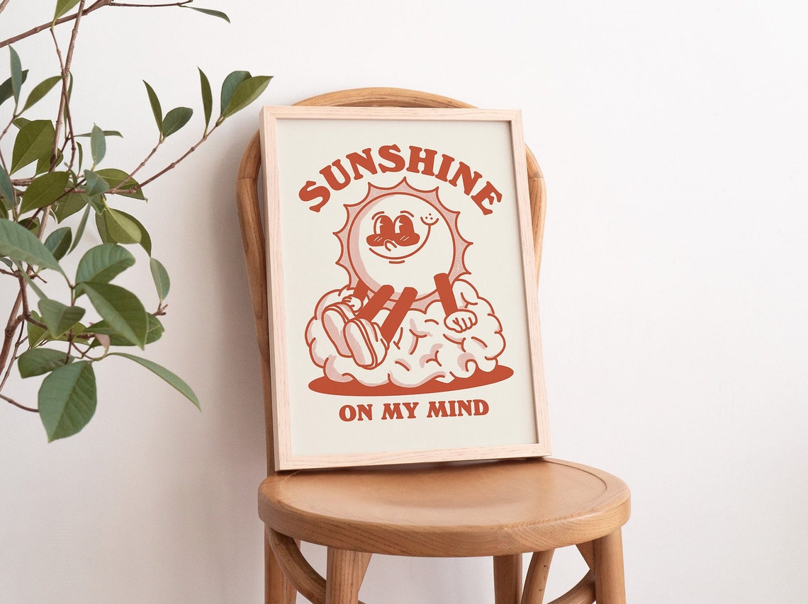 Sunshine on My Mind Retro Smiling Sun Character Quote Wall Art - Image 3