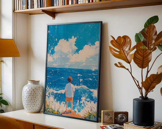Young Boy Watching Ocean Waves Impressionist Coastal Seascape Art Poster