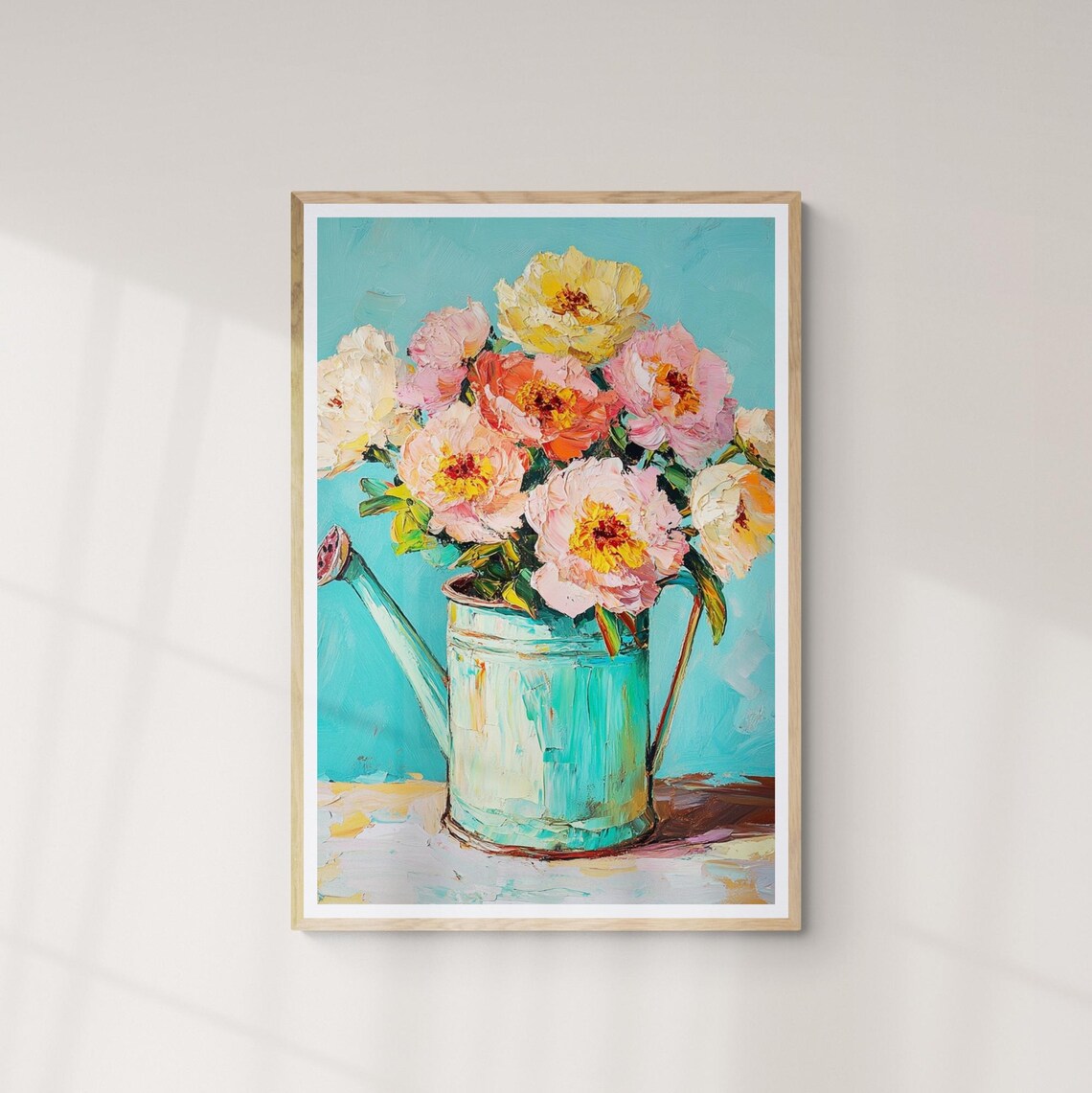 Pink Rose Blooms Teal Watering Can Turquoise Still Life Art Poster - Image 3