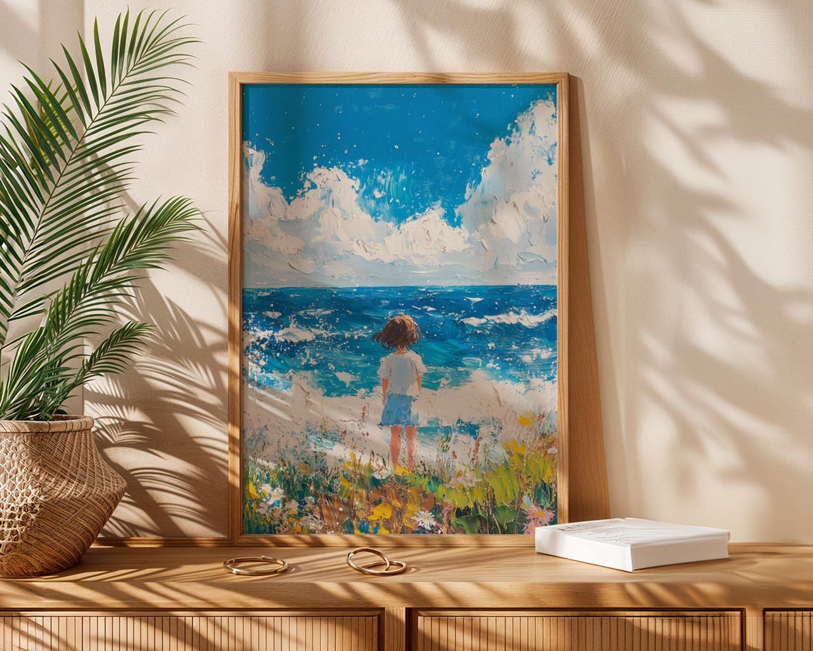 Little Girl Standing By Ocean Sea Wall Art Costal Waves Poster Nature And Sea Art Sunshine Waves Print Landscape Nature Sea - Image 3
