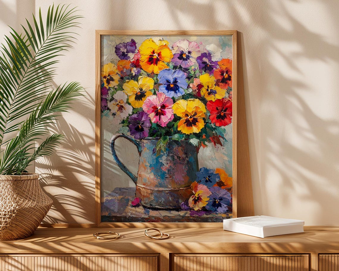 Colorful Pansy Bouquet Rustic Watering Can Impressionist Art Poster