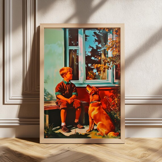 Boy and Dog on a Sunny Porch in Autumn Nostalgic Childhood Poster