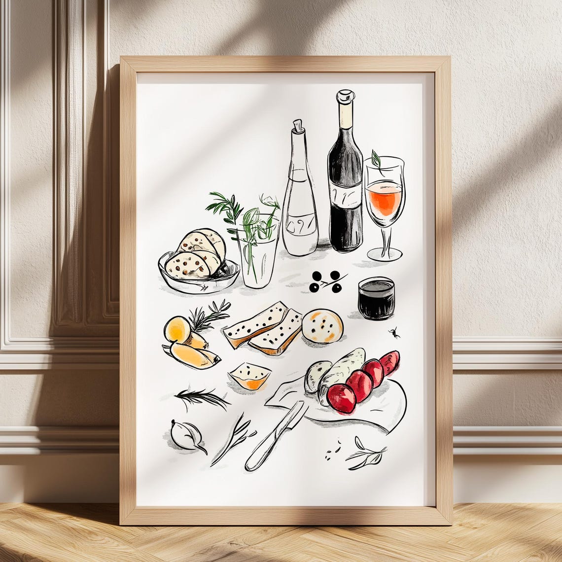 French Bistro Wine and Cheese Sketch Art Poster for Kitchen Decor