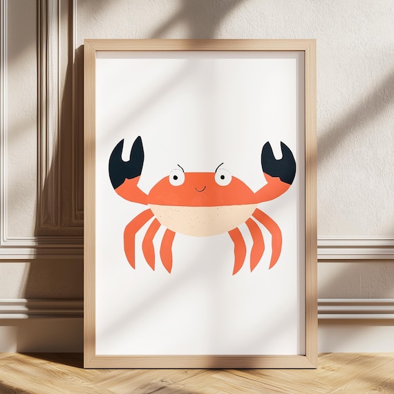 Happy Smiling Red Crab Coastal Kids Ocean Sea Life Nursery Poster