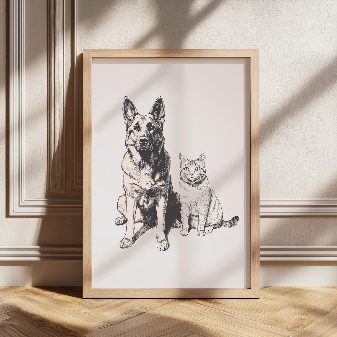 German Shepherd and Tabby Cat Duo Ink Illustration Pet Poster