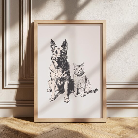 German Shepherd and Tabby Cat Duo Ink Illustration Pet Poster