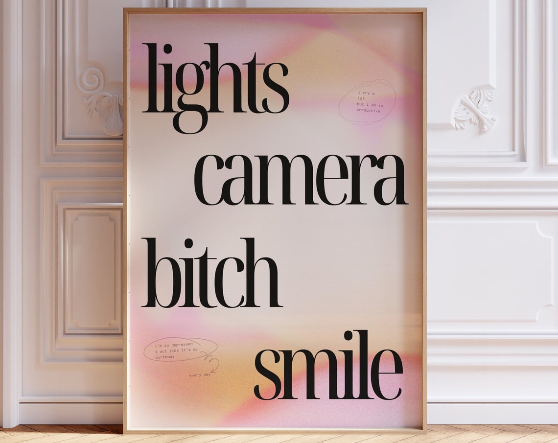 Lights Camera Bitch Smile Bold Black Serif Pink Lyric Wall Poster
