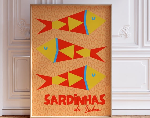 Sardines Print Sardinhas Poster Portuguese Sardines Wall Art Lisbon Seafood Poster Bold Illustration Fish Print Mid Century Style Food Print