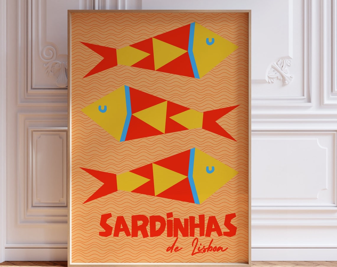 Sardinhas de Lisboa Geometric Red Fish Retro Food Kitchen Poster