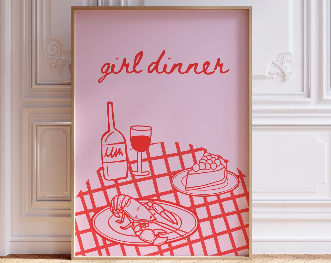 Girl Dinner Red Line Drawing Lobster Cake Wine Trendy Kitchen Poster
