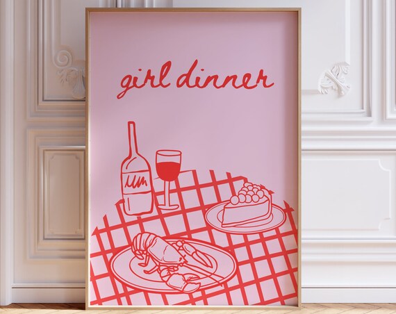 Girl Dinner Print Dinner Table Poster With Lobster Cake And Wine Illustration Wall Art Print Dinner Party Illustration