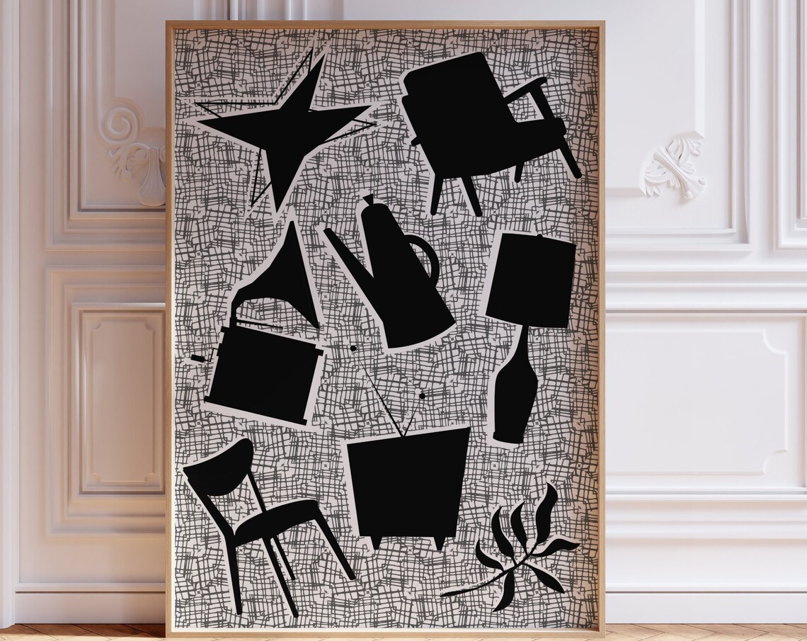 Mid Century Furniture Silhouettes Atomic Retro Black Pattern Art Print