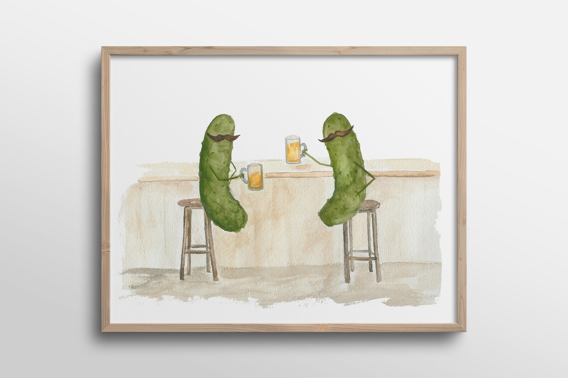 Whimsical Pickles With Mustaches, Beer Pub Art Print
