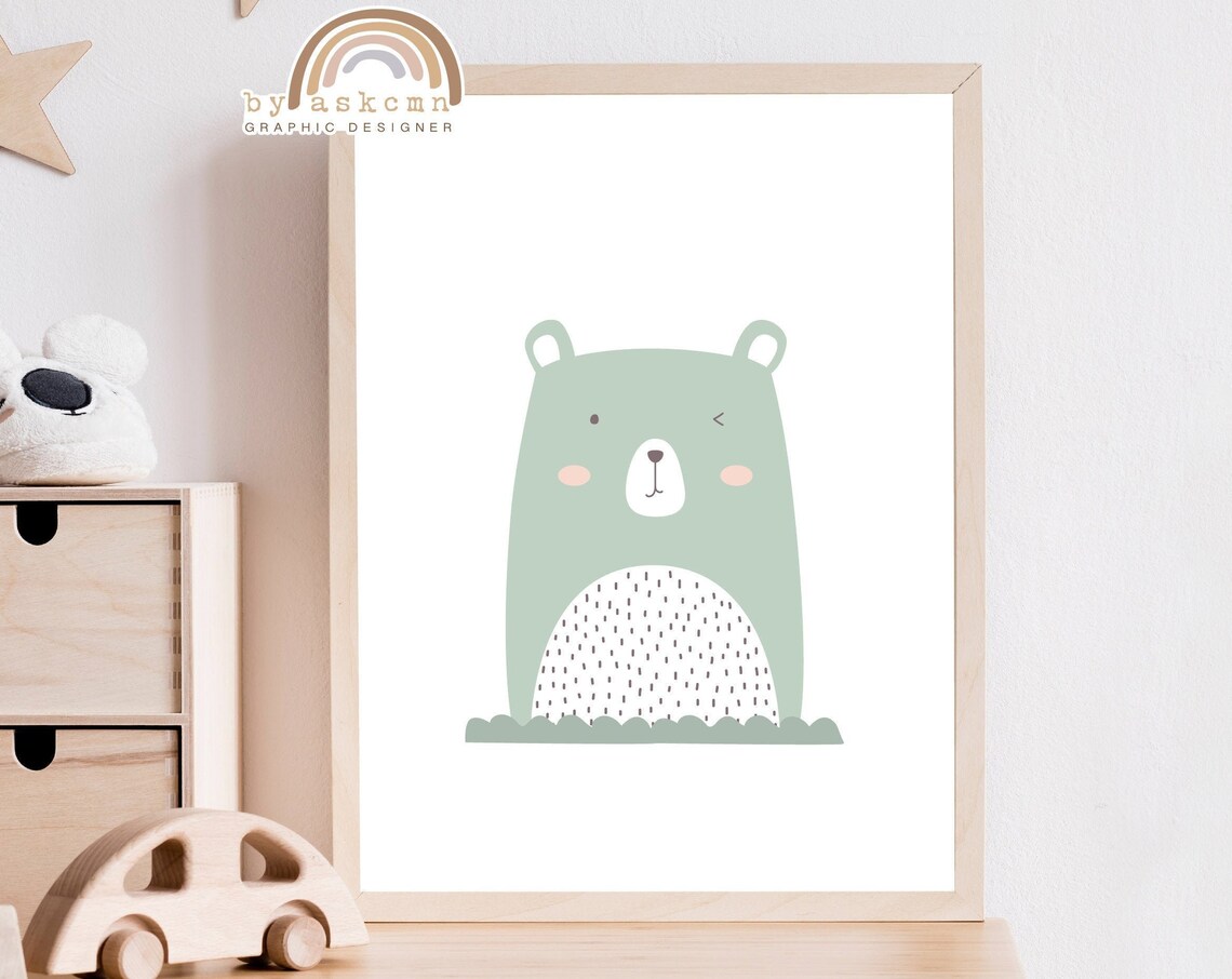 Sage Green Winking Bear Nursery Animal Minimalist Decor Poster - Image 4
