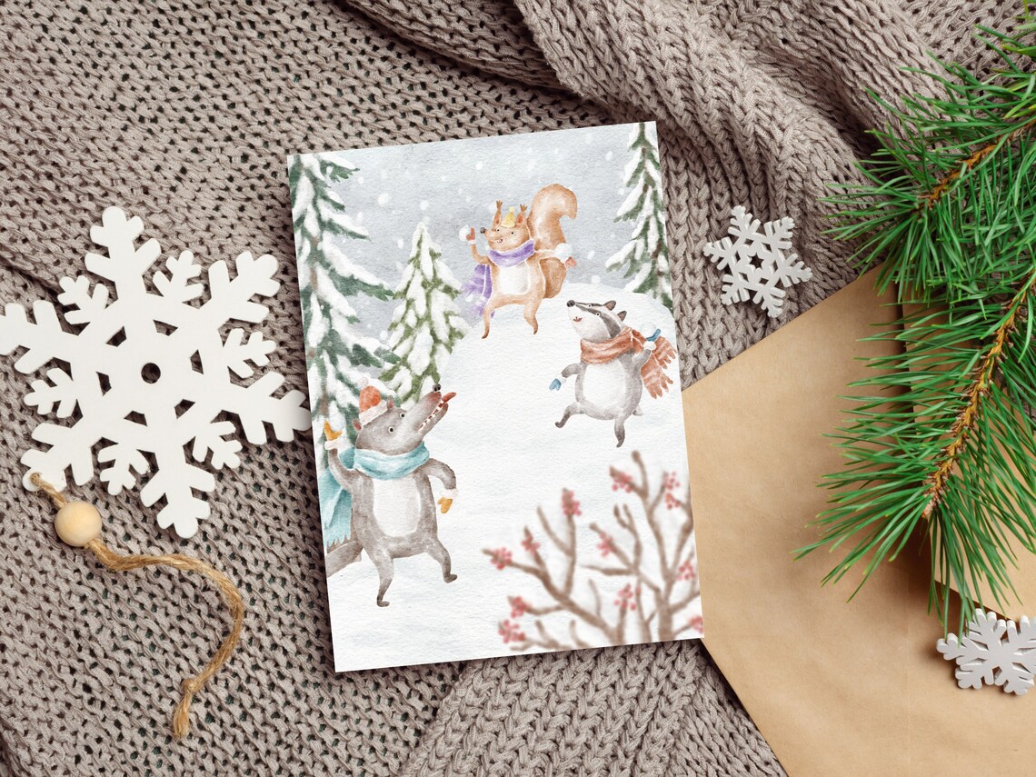 Woodland Animals Playing in a Snowy Forest Watercolor Poster - Image 4