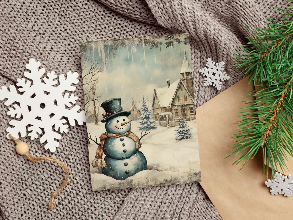 Vintage Snowman in a Snowy Village Winter Wonderland Christmas Poster - Image 4