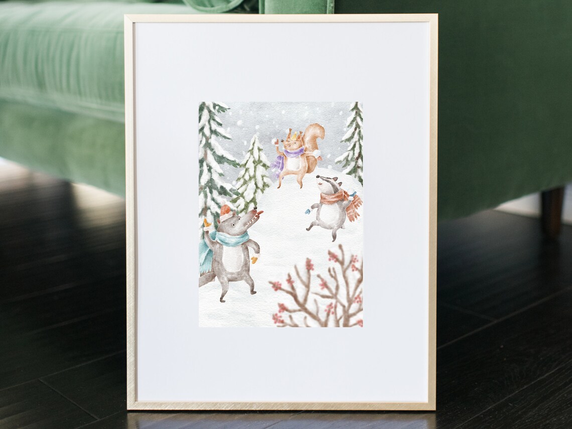Woodland Animals Playing in a Snowy Forest Watercolor Poster - Image 2