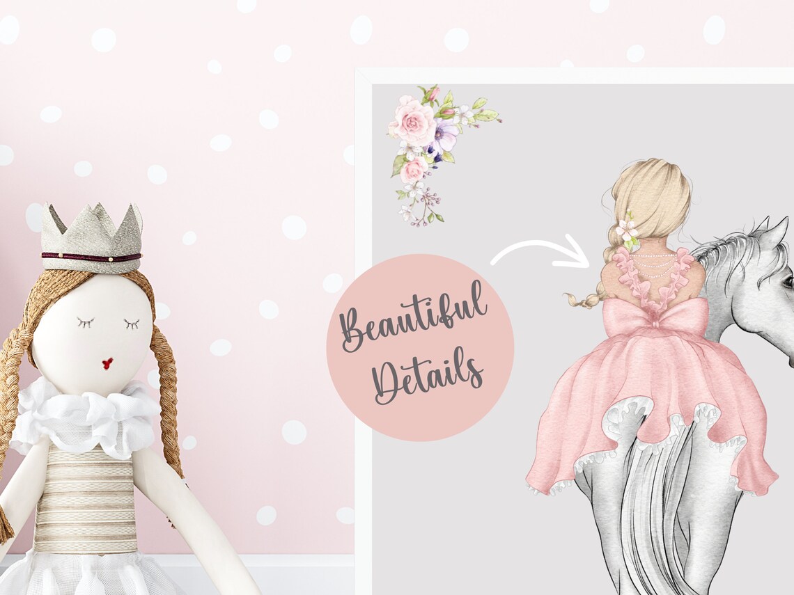Little Princess Girl In Pink Dress Riding White Horse Poster - Image 3