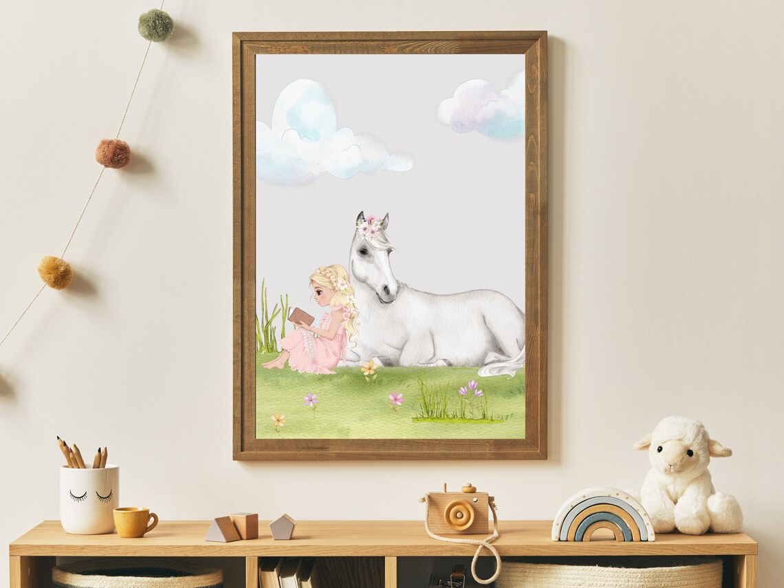 Blonde Girl Reading To White Horse Watercolor Princess Nursery Poster - Image 3