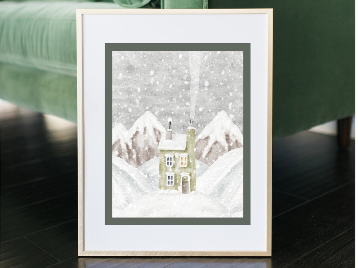 Snowy Mountain Cabin Winter Watercolor Christmas Landscape Poster - Image 2