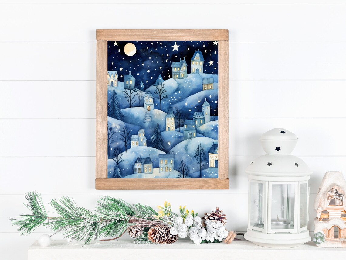 Winter Village Art Print, Starry Christmas Town - Image 4