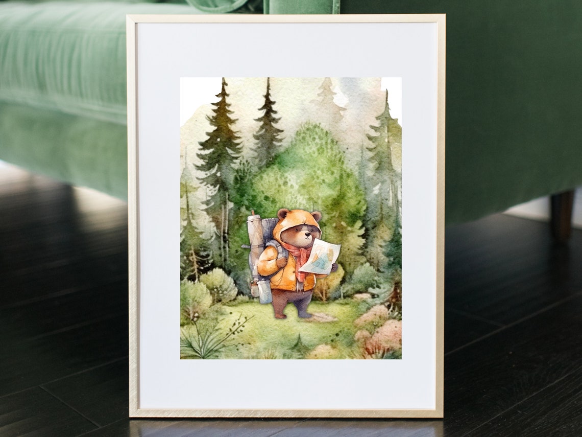 Little Bear Explorer Reading a Map Forest Woodland Nursery Poster - Image 4