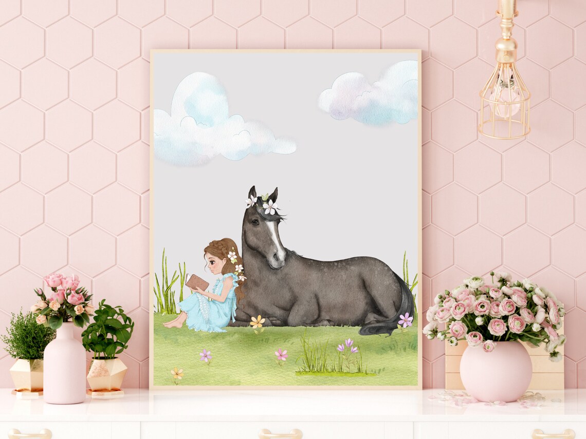 Brunette Girl Reading To Grey Horse Watercolor Fairytale Nursery Poster - Image 3