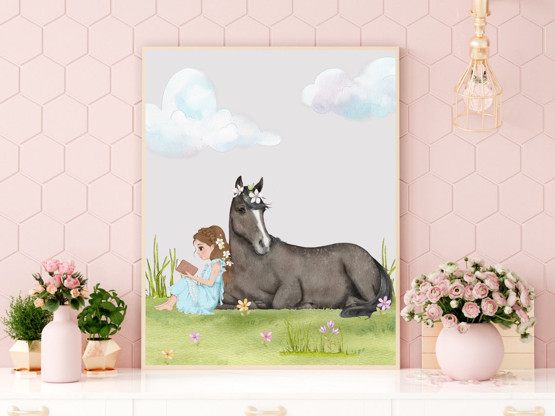 Horse Nursery Print Fairytale Princess Wall Art Cute Girls Room Decor A Girl And Her Horse Art Print Watercolour Nursery Art - Image 3