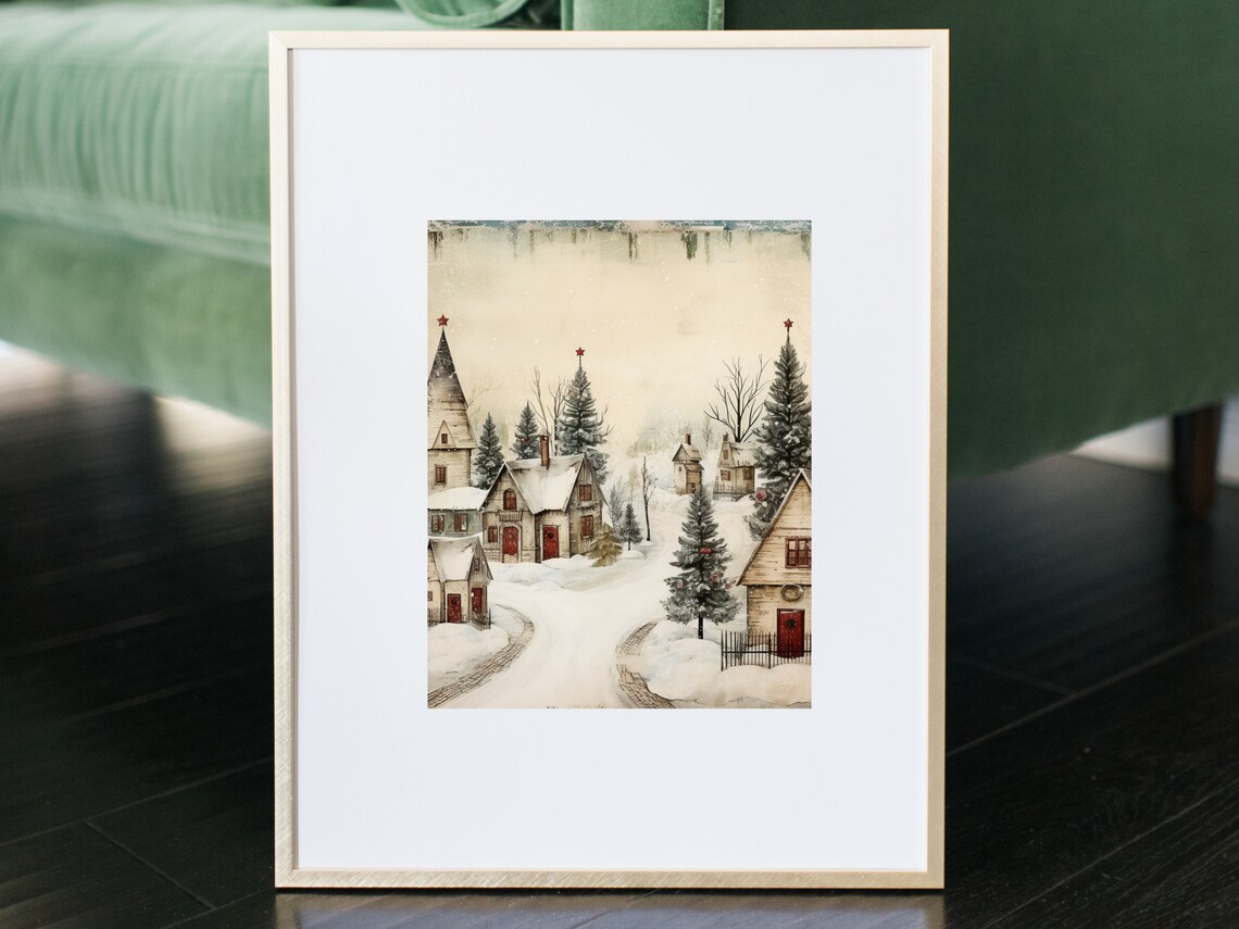 Snowy Christmas Village with Church Watercolor Holiday Town Poster - Image 2