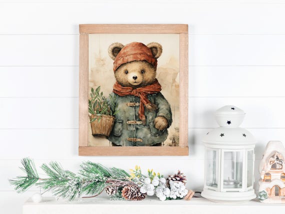 Woodland Bear Nursery Art Rustic Winter Wall Art Cute Christmas Decor Forest Animal Kids Room Print Watercolor Bear