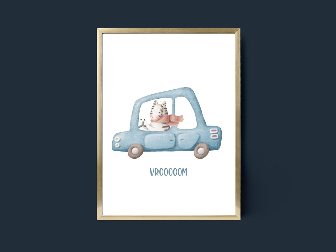 Zebra Driving Blue Car Vroooom Watercolor Kids Nursery Poster - Image 3
