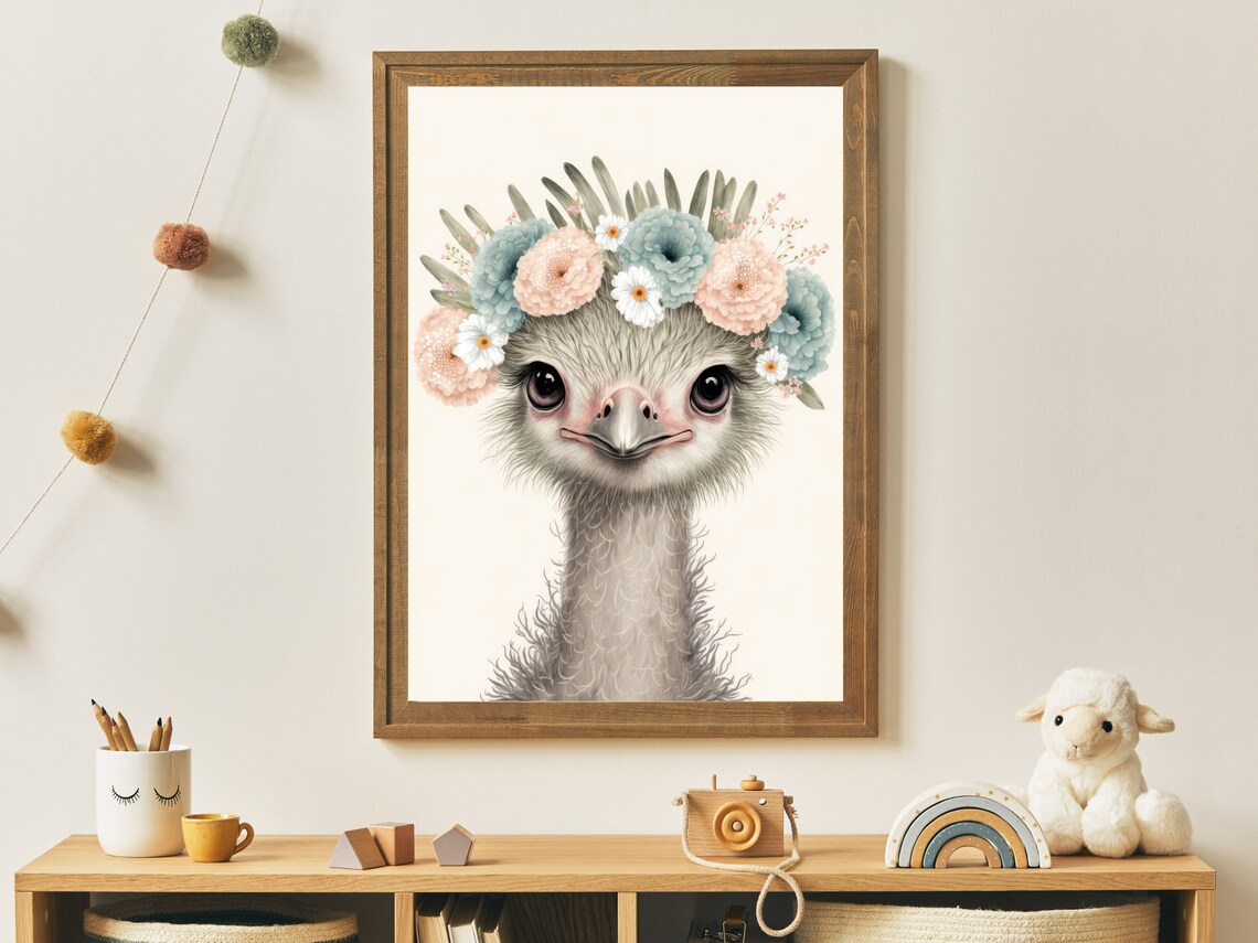Baby Ostrich With Flower Crown Watercolor Nursery Animal Art Poster - Image 2