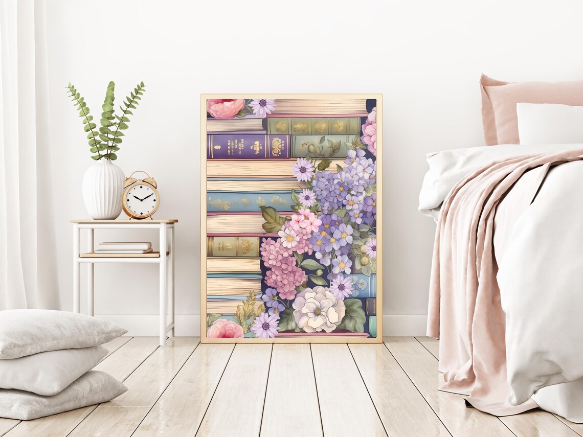 Stack of Vintage Books Floral Poster Book Lover Reading Room Decor - Image 2