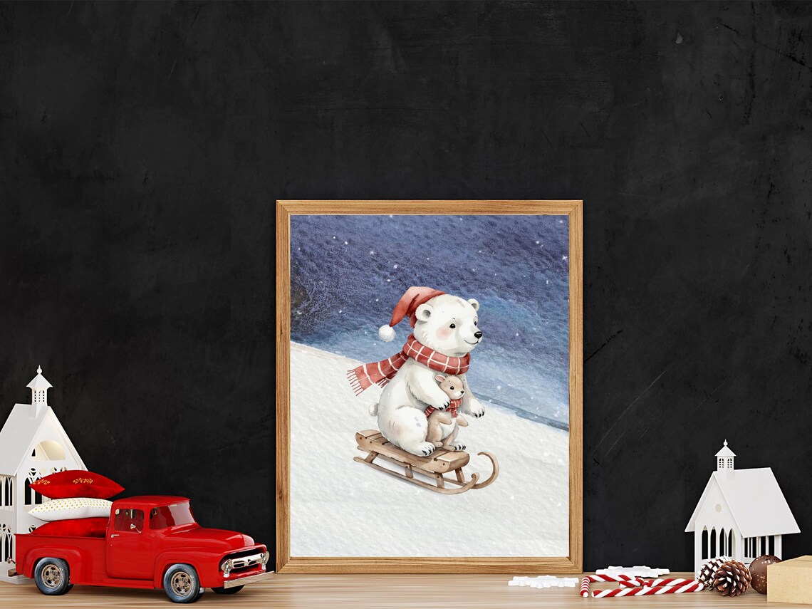 Polar Bear Sledding Winter Night Poster Cute Christmas Nursery Decor - Image 5