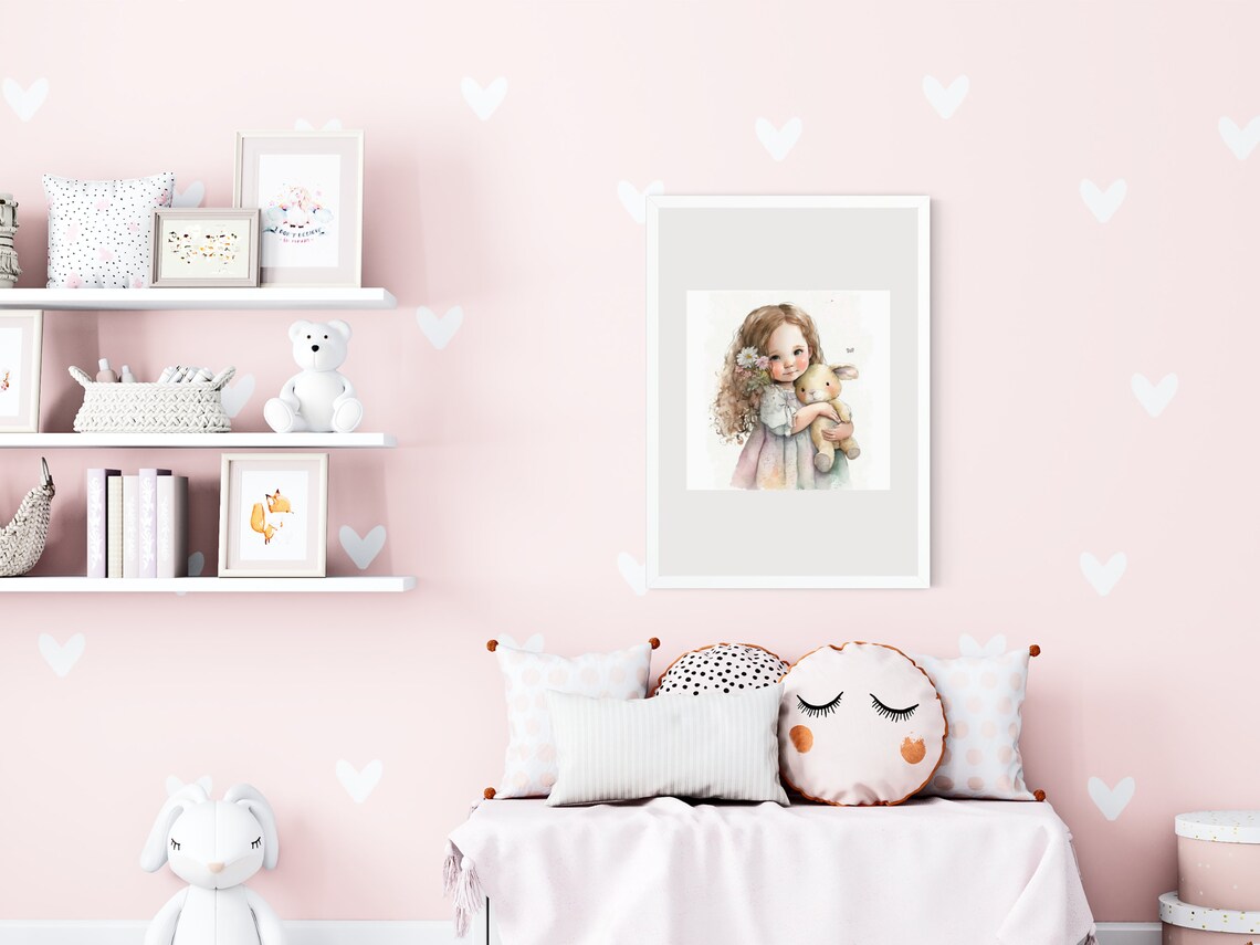 Sweet Little Girl Hugging Bunny Watercolor Nursery Decor Art Print - Image 3