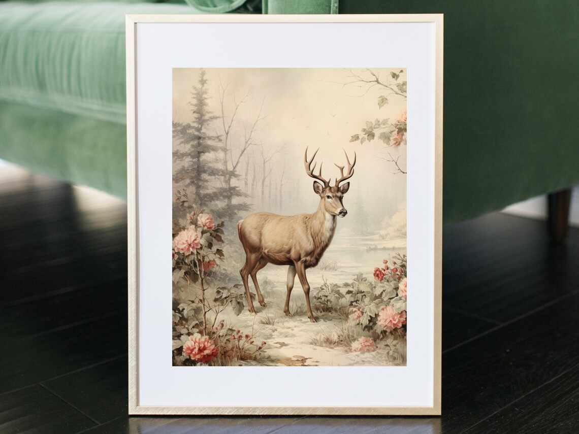 Christmas Woodland Art Print, Winter Forest Deer - Image 4