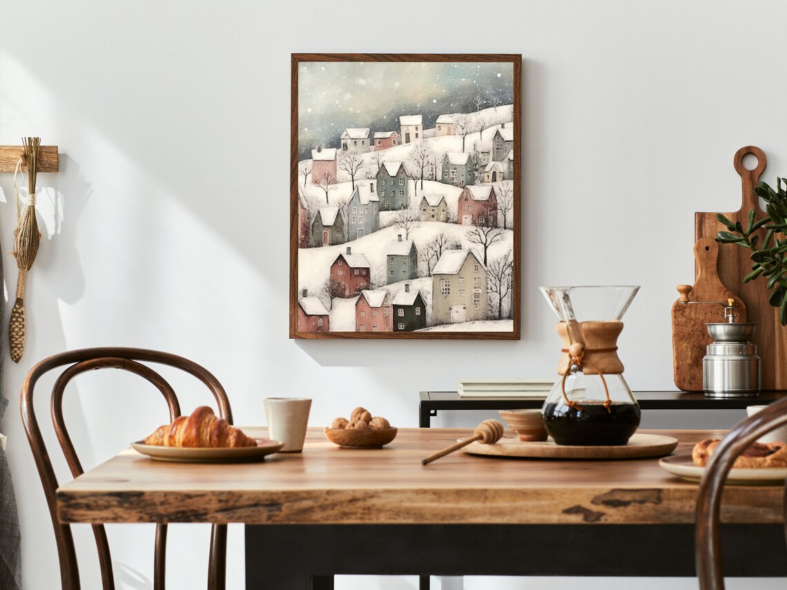 Winter Village Landscape Art Print, Scandinavian Holiday - Image 4