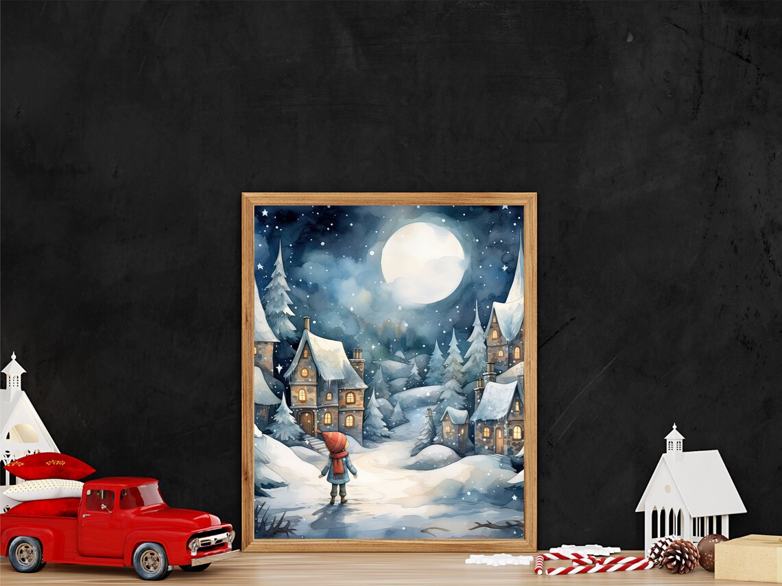 Moonlit Snowy Village Winter Watercolor Christmas Scene Poster - Image 3