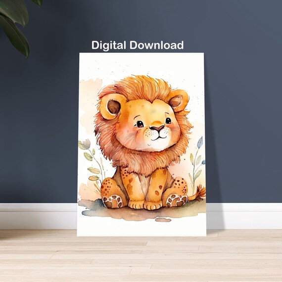 Cute Baby Lion Watercolor Nursery Art Sitting Lion Cub On White Poster