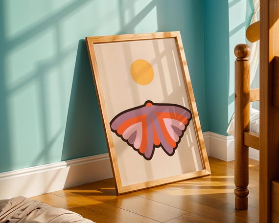 Retro Butterfly Art Print Mid Century Modern Moth Poster 70s Geometric Wing Wall Boho Sunset Illustration