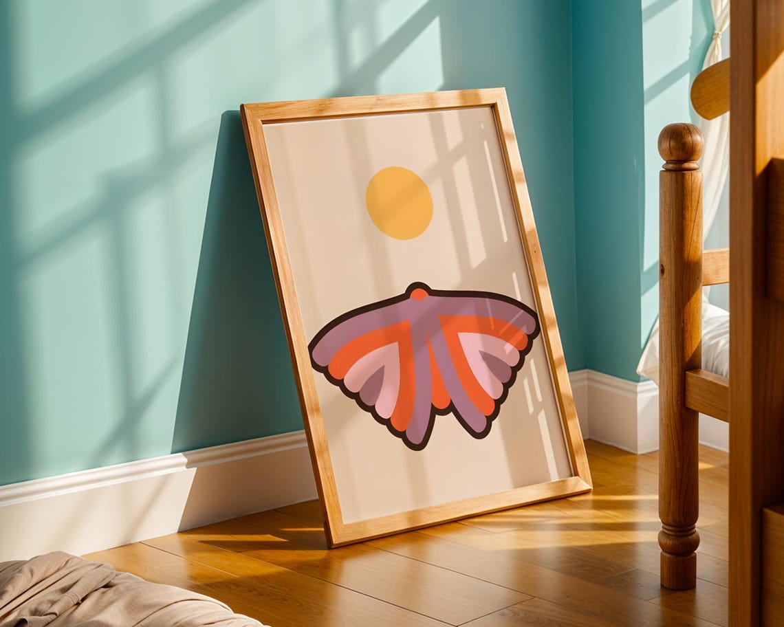 Retro Butterfly Art Print Mid Century Modern Moth Poster 70s Geometric Wing Wall Boho Sunset Illustration
