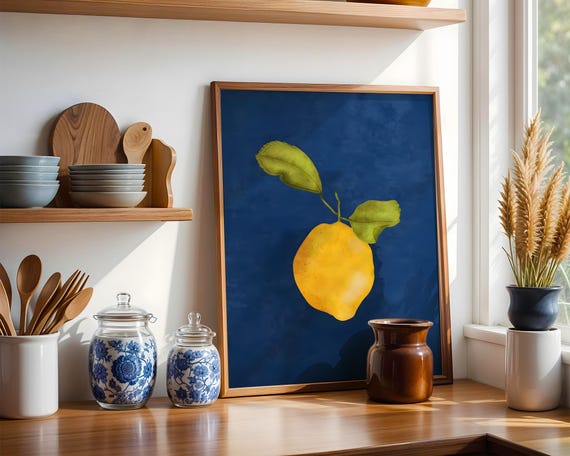Mediterranean Lemon Art Print Vibrant Yellow Citrus Fruit Poster Dark Blue Background Kitchen Decor Botanical Food Illustration Gift