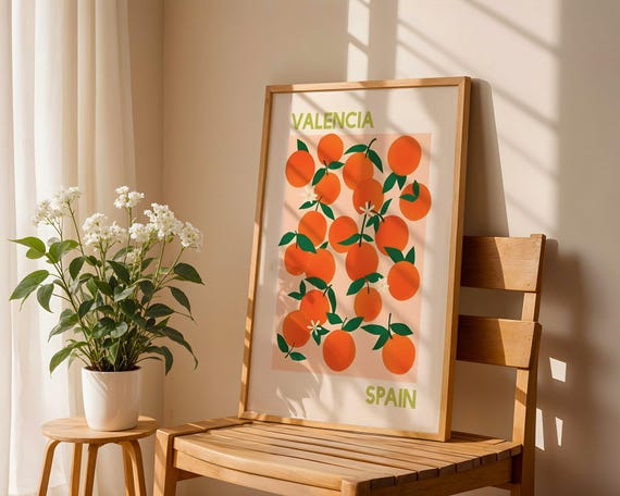 Valencia Spain Orange Poster Mediterranean Kitchen Wall Art Retro Travel Print
