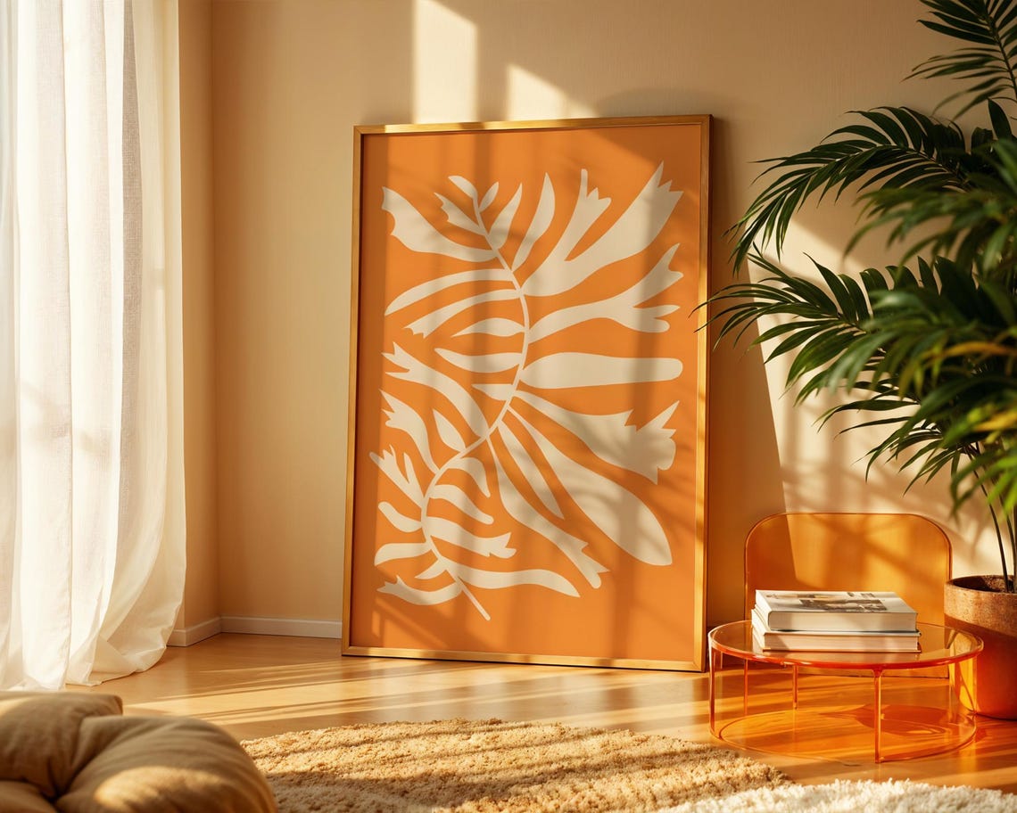 Minimalist Orange Leaf White Silhouette Modern Botanical Poster
