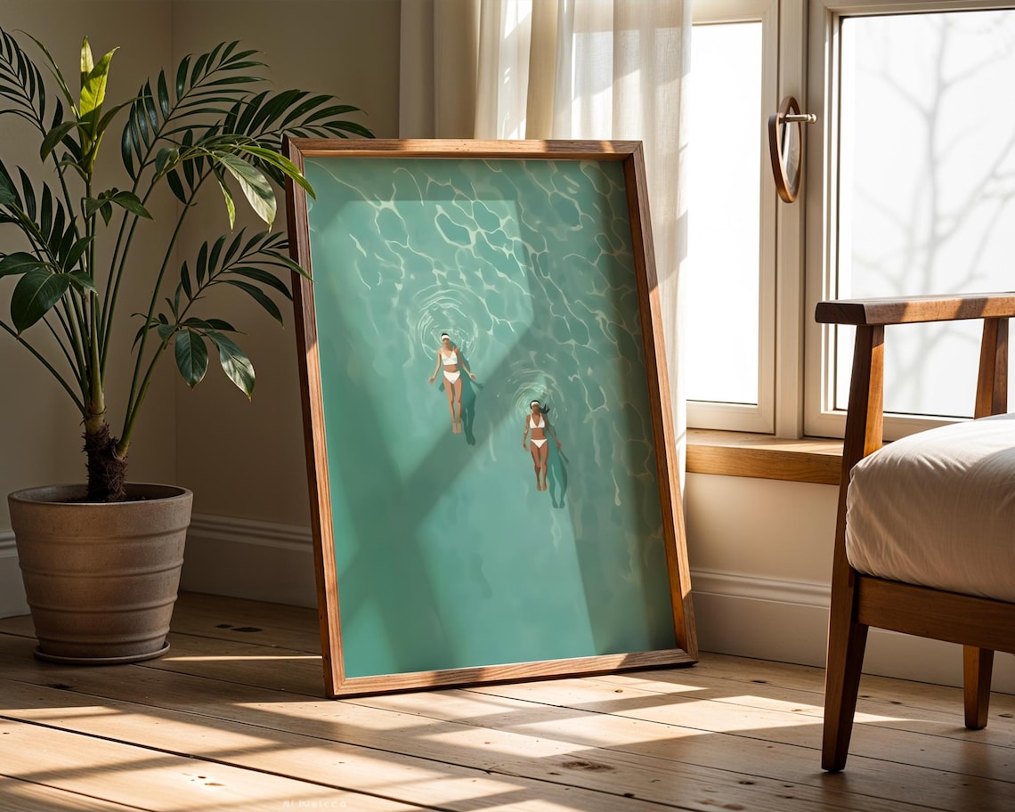 Summer Sisters Floating Ocean Poster, Minimalist Coastal Art
