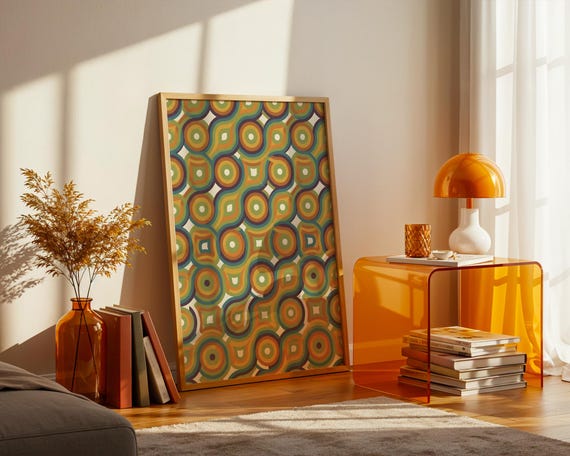 70s Retro Groovy Circles Art Print Mid Century Psychedelic Geometric Poster Avocado Green Orange Wall Decor Trendy Dorm Gift Idea