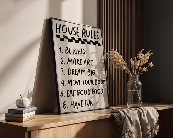 Creative House Rules Typography Art Print Retro Checkerboard Family Sign Poster Cute Kitchen Wall Decor Cool Dorm Gift Idea