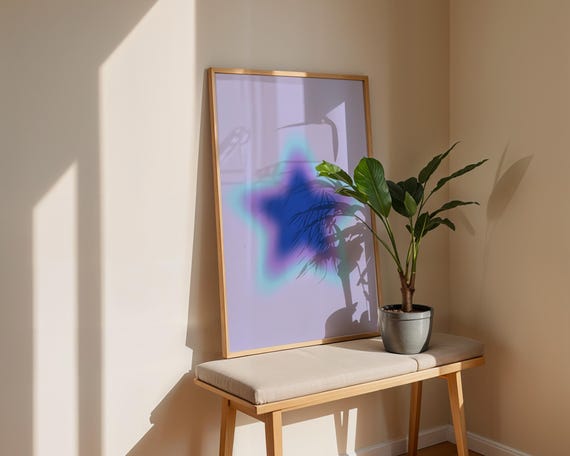 Minimalist Aura Gradient Star Art Print Blue Purple Cosmic Glow Poster Dreamy Turquoise Lavender Wall Decor Aesthetic Dorm Gift Idea